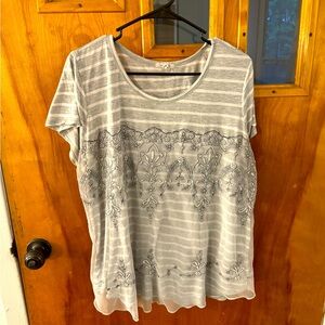 Maurice’s Plus Size Blouse- Grey and White Striped-Floral